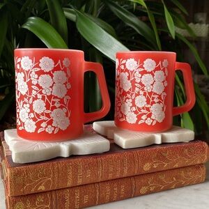 Pair of Vintage Federal Glass Calico Floral Mugs - 1950s USA Rare Tea Coffee Set